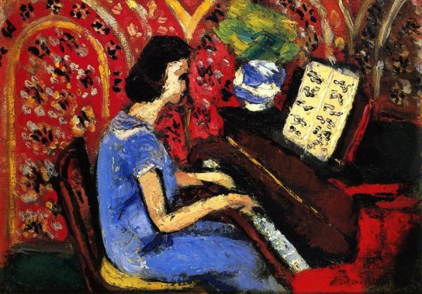 Little Pianist, Blue Dress, Red Background by Henri Matisse