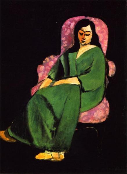 Lorette In A Green Robe Against A Black Background by Henri Matisse