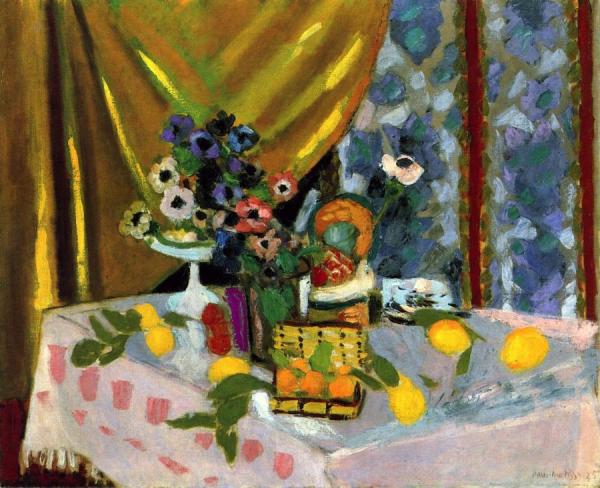 Still Life: Pink Tablecloth, Vase Of Anemones, Lemons And Pineapple by Henri Matisse