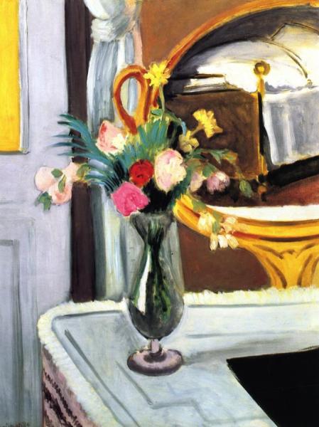 Vase Of Flowers On The Dressing Table, The Bed Reflected In The Mirror by Henri Matisse