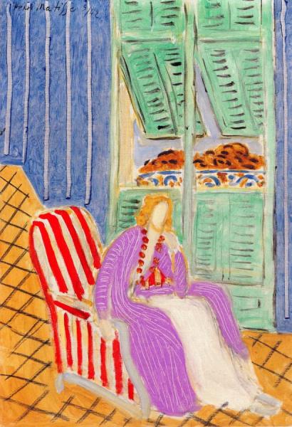 Violet Oriental Robe Over A White Dress, At The Window by Henri Matisse