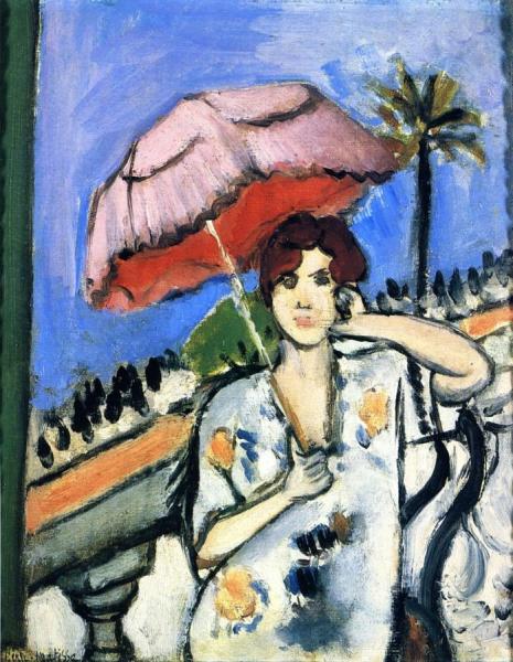 Woman On A Balcony With A Pink Umbrella, Face On, Half Figure by Henri Matisse