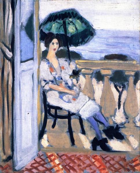 Woman Seated On The Balcony, Green Umbrella, Violet Stockings by Henri Matisse