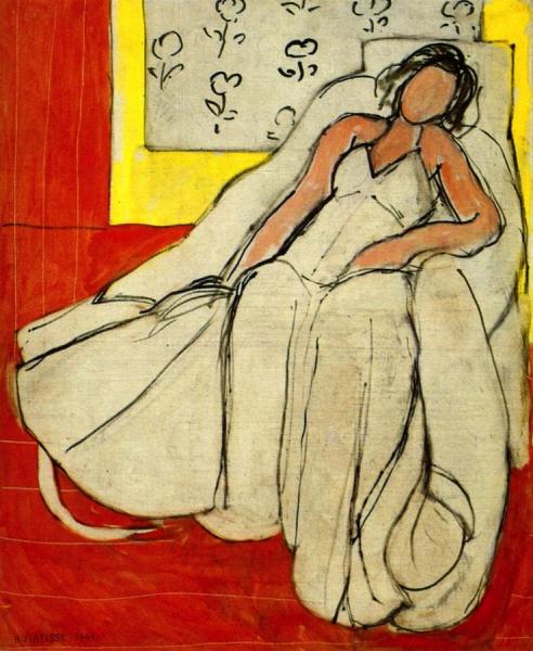 Young Woman In White, Red Background by Henri Matisse