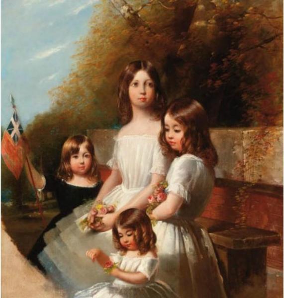 Group Portrait Of Four Children In A Landscape, Holding Flowers And A Flag by Henry Barraud