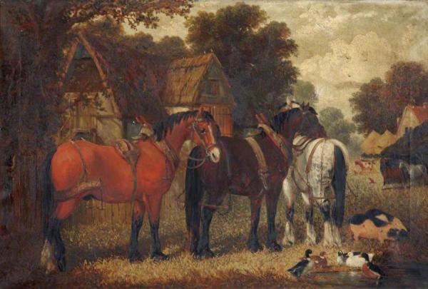 Three Horses, Pigs And Ducks by Henry Gillard Glindoni