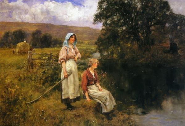 Farm Girls By A Stream by Henry John Yeend King