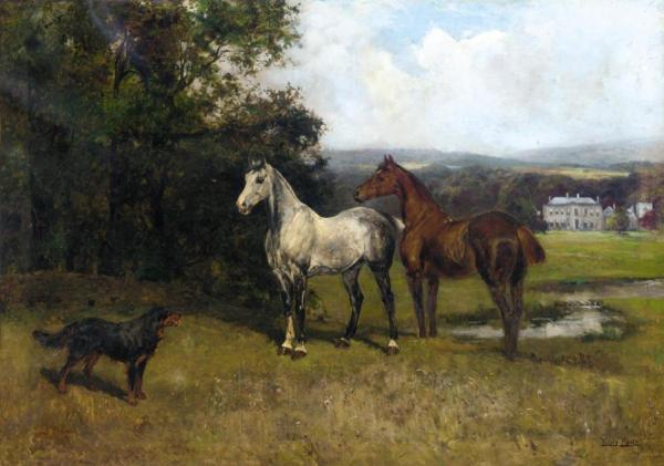 The Colonel's Horses And Collie With Huntroyde Hall Beyond by Henry John Yeend King