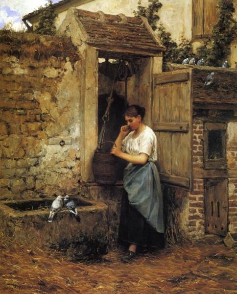 Peasant Girl And Doves by Henry Mosler