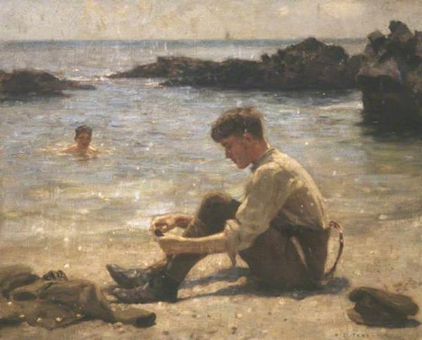 A Cadet On Newporth Beach, Near Falmouth With Another Boy In The Sea by Henry Scott Tuke