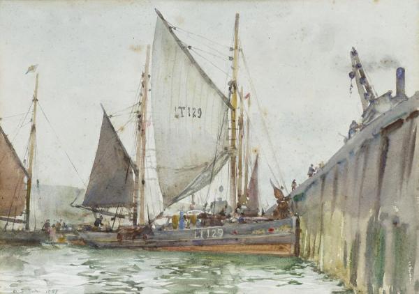 A Lowestoft Trawler Coming Alongside The Quay by Henry Scott Tuke
