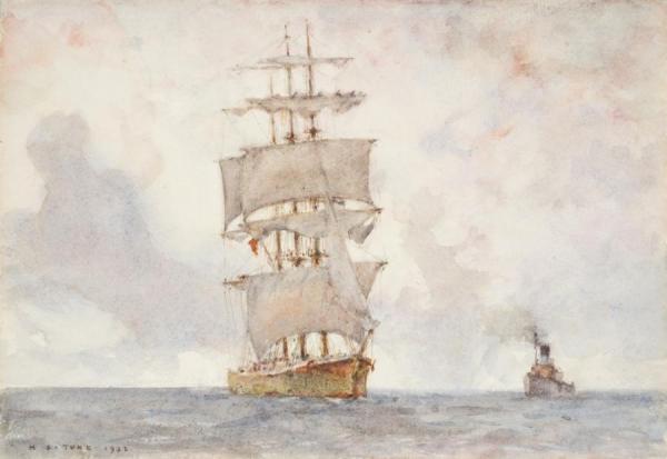 Barque And Tug by Henry Scott Tuke