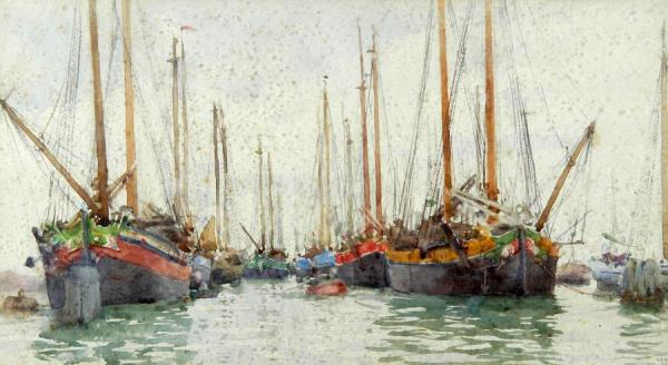Gaily Coloured Fishing Vessels At Anchor by Henry Scott Tuke