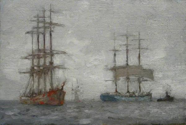 Sailing Ships And A Tug by Henry Scott Tuke