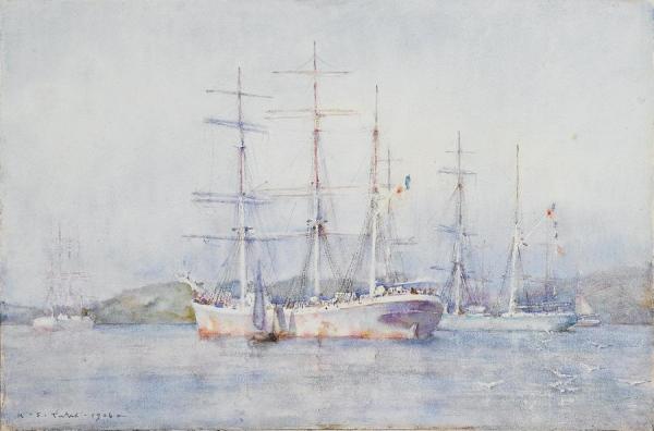 Two French Barques At Their Anchorage In Carrick Roads by Henry Scott Tuke