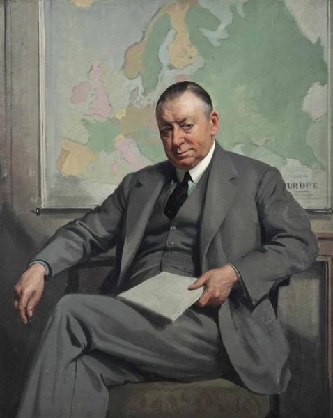 Herbert James Gunn Portrait Of Edward Verrall Lucas (1868-1938), Seated Three-quarter-length, In A Grey Suit And Tie, With A Map Of Europe