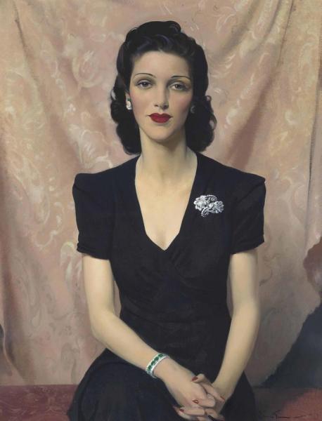 Herbert James Gunn Portrait Of Mrs Francine Clore NÉe Halphen, In A Black Dress, Wearing A Diamond And Emerald Bracelet