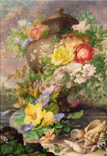 An Urn, Garlanded With Flowers, On A Terrace, With Shells In The Foreground by Herman Henstenburgh