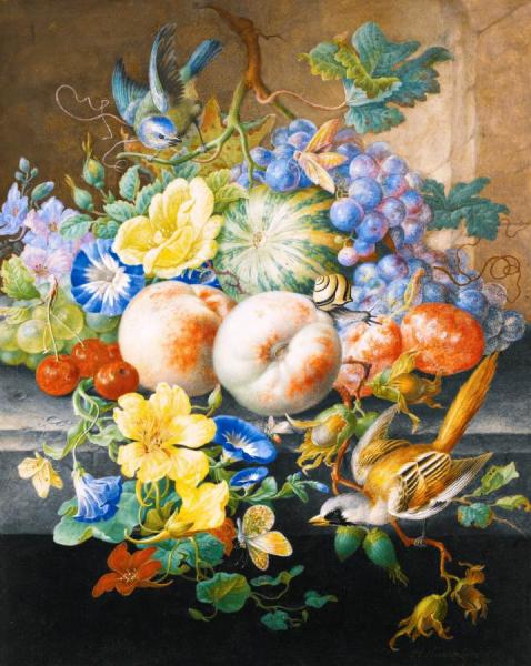 Still Life Of Flowers And Fruits, With Two Birds by Herman Henstenburgh