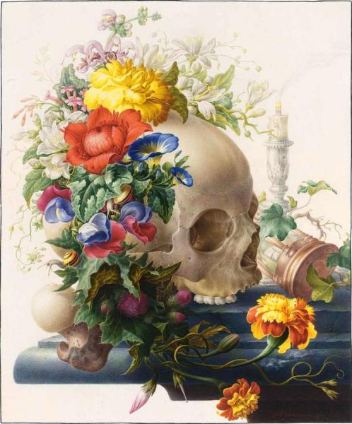 Vanitas Still Life, With A Skull Wreathed With Flowers by Herman Henstenburgh Oil Painting Reproductions