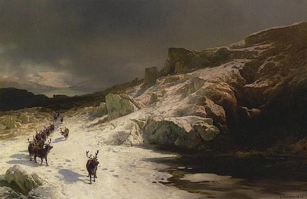 Elk In A Stormy Landscape by Herman Herzog