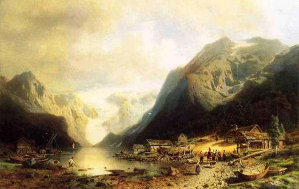 Fishermans Village On An Alpine Lake by Herman Herzog