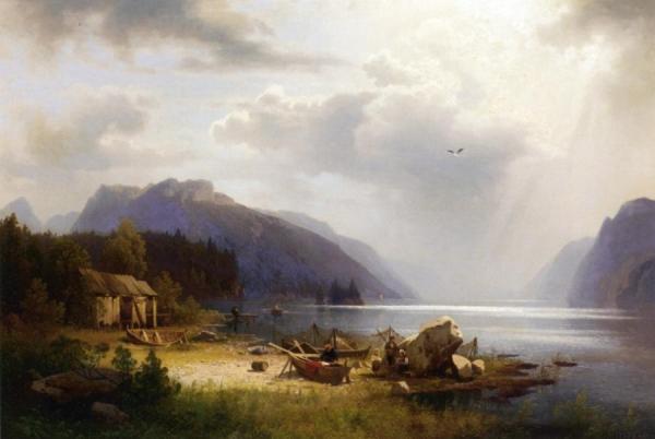 Fishing In An Alpine Lake by Herman Herzog