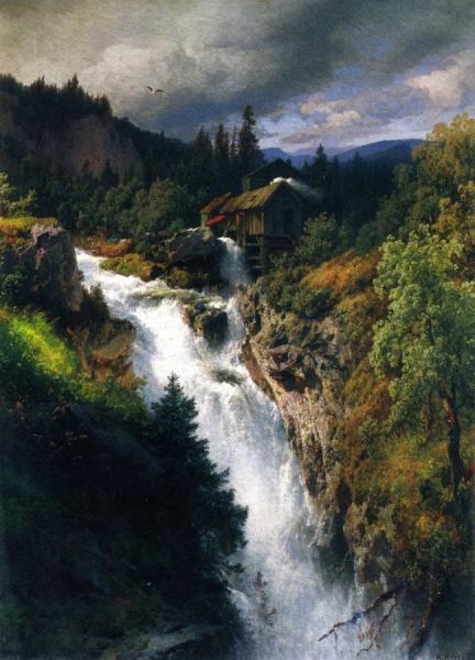 Mountain Falls By The Mill by Herman Herzog Oil Painting Reproductions