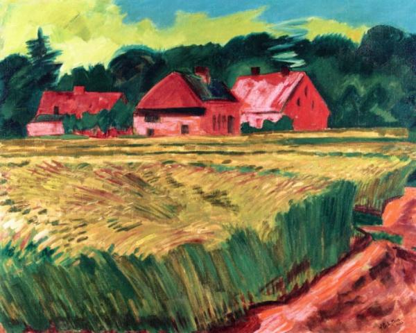 Farmhouses With Wheat Field In Leba by Hermann Max Pechstein