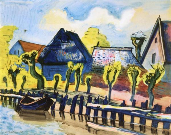 Fishing Village With Stork's Nest by Hermann Max Pechstein