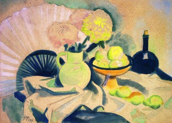 Still Life With Chrysanthemum And Fan by Hermann Max Pechstein