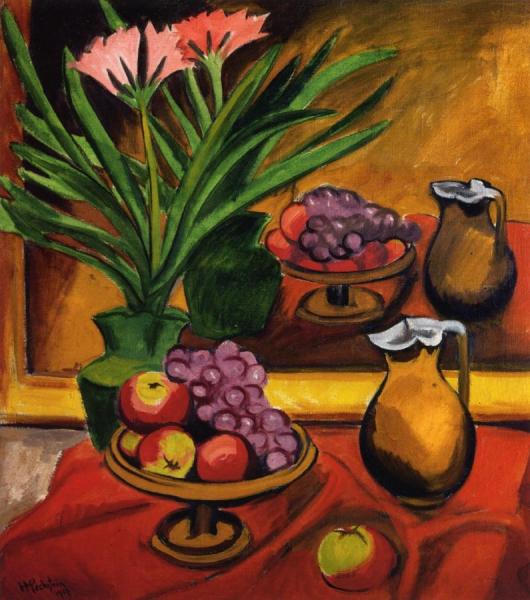 Still Life With Mirror: Clivia, Fruit And Jug by Hermann Max Pechstein
