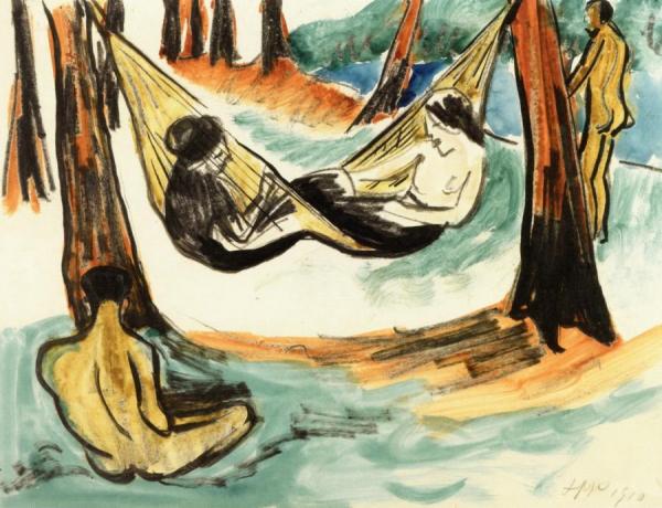 Two Girls In The Hammock Vii (with Seated Male Nude) by Hermann Max Pechstein Oil Painting Reproductions