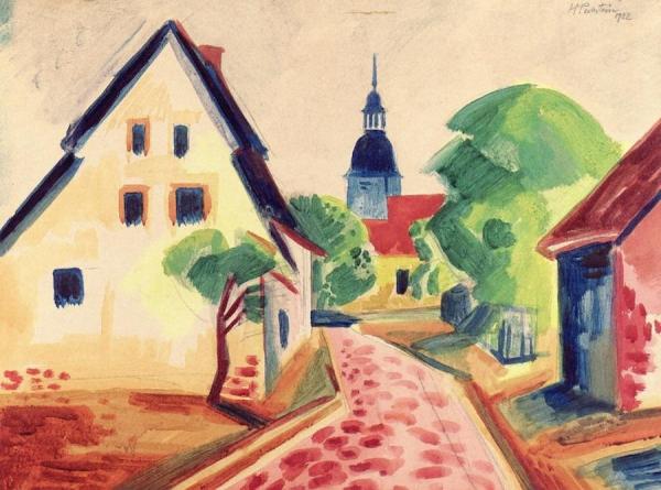 Village Street In Leba With Church by Hermann Max Pechstein