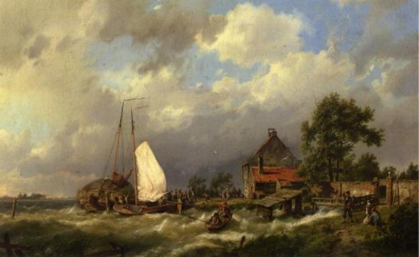 Boats Docking In An Estuary by Hermanus Koekkoek The Elder Oil Painting Reproductions