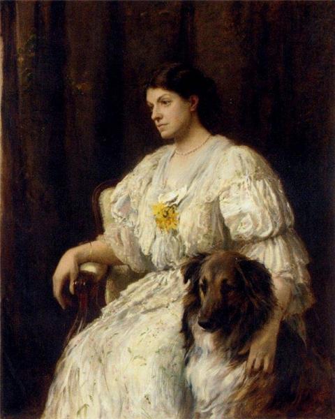 Portrait Of A Lady With Her Collie by Heywood Hardy