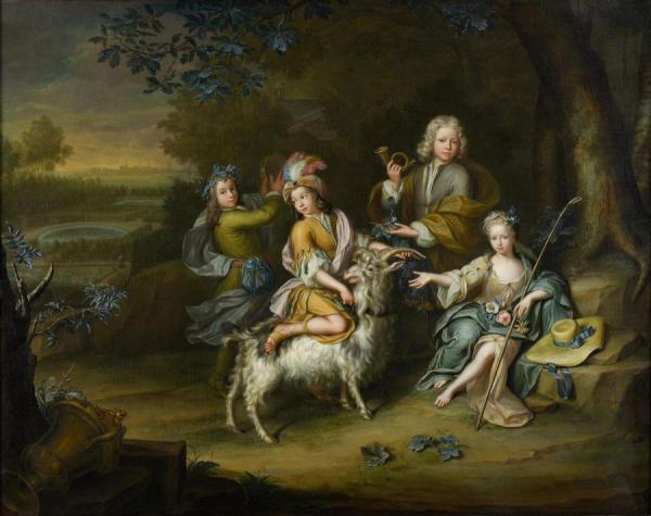 Hieronymus Van Der Mij Four Children In A Park-like Landscape