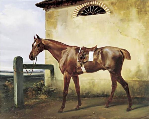 A Saddled Race Horse Tied To A Fence by Horace Vernet