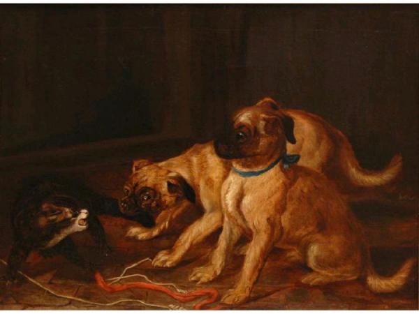Two Pugs Confronting A Cat by Horatio Henry Couldery Oil Painting Reproductions