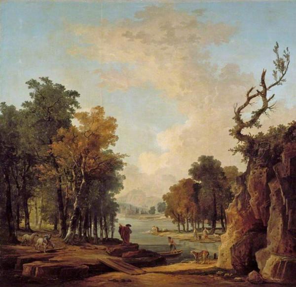 Wooded River Landscape With A Traveller, A Barking Dog, A Horseman And Women Washing At An Islet by Hubert Robert Oil Painting Reproductions