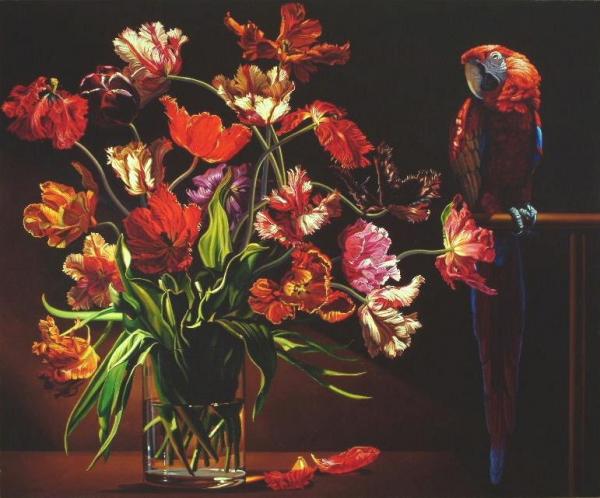 Ian John Hornak Parrot Tulips With Red Macaw