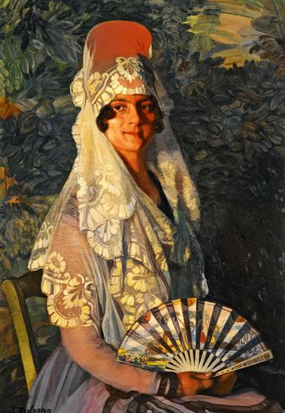 Lady With Mantilla And Fan by Ignacio Zuloaga