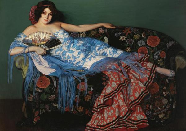 Lolita Reclinign In A Blue Shawl by Ignacio Zuloaga