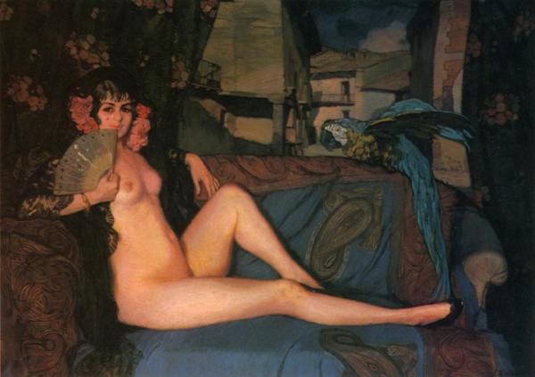 Reclining Maja With Blue And Gold by Ignacio Zuloaga