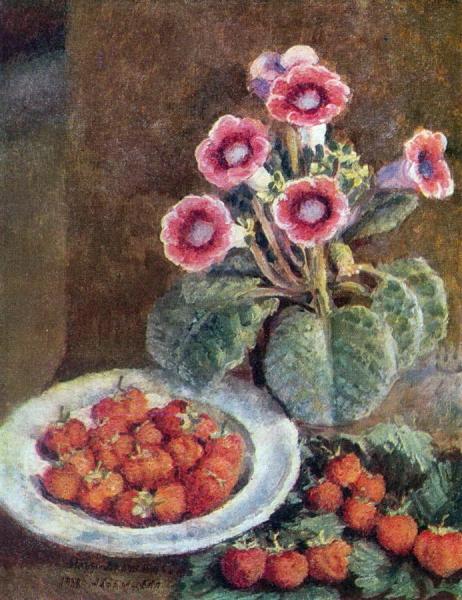 A Flower In A Pot And Strawberries by Ilya Mashkov
