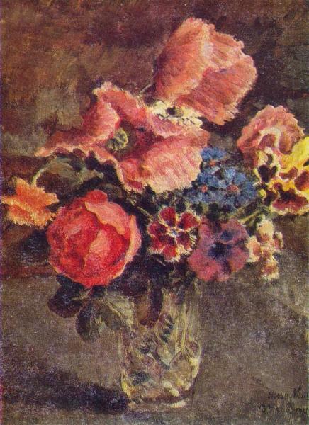 Poppies, Roses, Cornflowers And Other Flowers In A Glass Vase by Ilya Mashkov