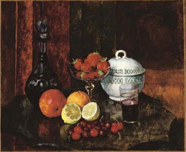 Still Life With Strawberries, Cherries And Blue Pitcher by Ilya Mashkov