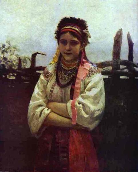 Ukranian Girl By A Fence. by Ilya Yefimovich Repin