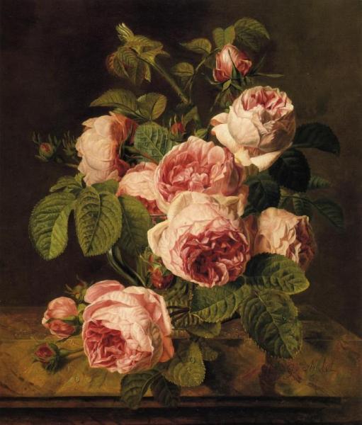 Pink Roses On A Marble Ledge by Iphigenie Milet-mureau