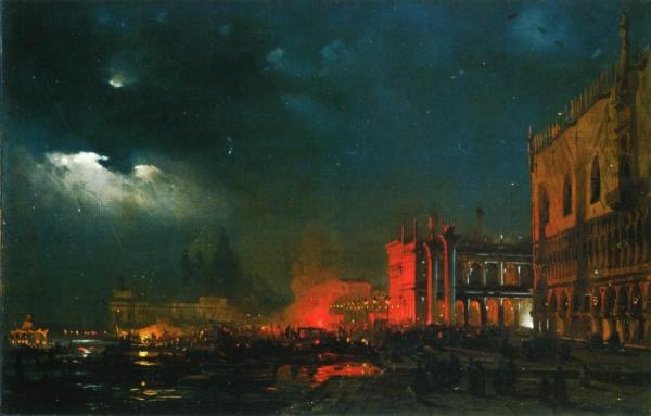 Night Festival On The Molo Di San Marco Upon The Feast Day Of The Archduke Massimiliano D'asborgo by Ippolito Caffi